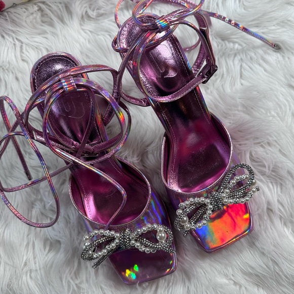 Dolls Kill • Iridescent Pink Lace Up Pyramid Heels - Picture 13 of 16